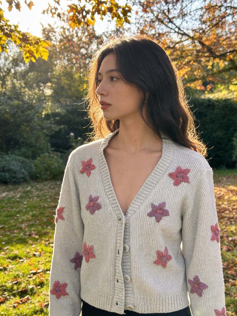 Audrey Parks Cream Chenille Cardigan with Pink Floral Embroidery m